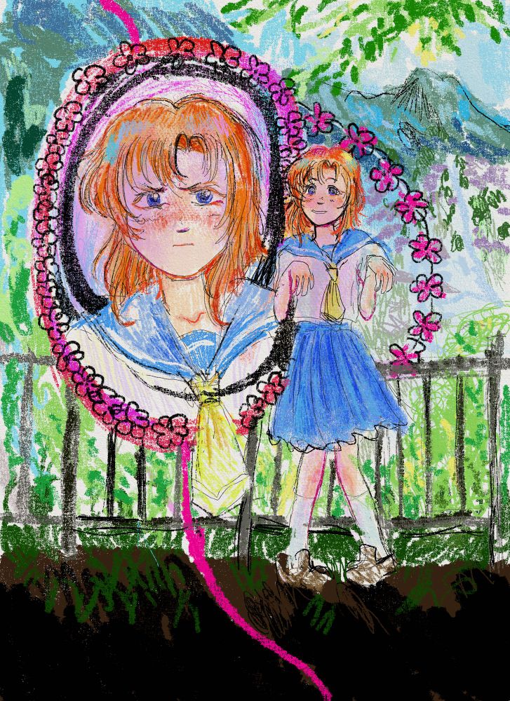 #art #higurashi #whentheycry rena ryugu in front of hinamizawa from hit game Higurashi no Naku Koro ni, aka higurashi when they cry . Shes bring cute and happy, with a panel of angry rena by her side