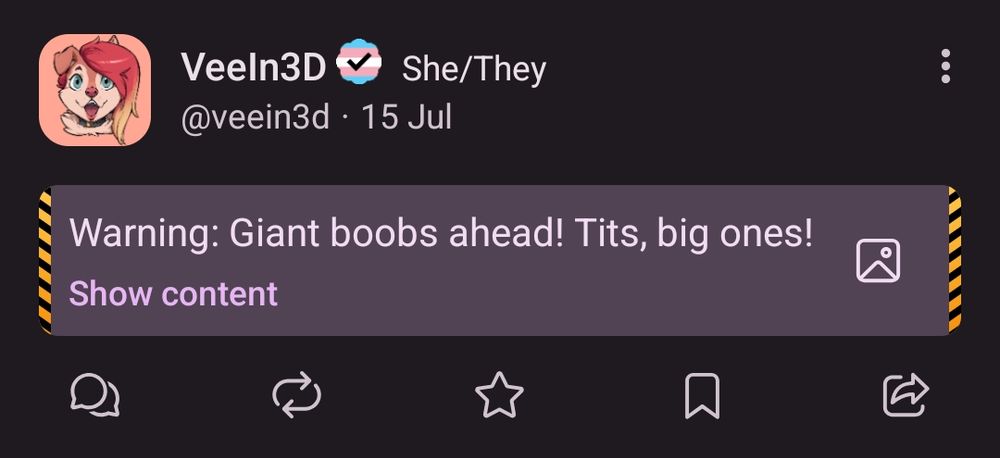 Social media post with the spoiler text "Warning: Giant boobs ahead! Tits, big ones!"