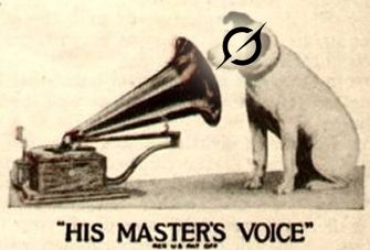 "His Master's Voice": Alte Werbeanzeige mit dem Hund vorm Grammophon; Kopf des Hundes ist ein Grok-Logo