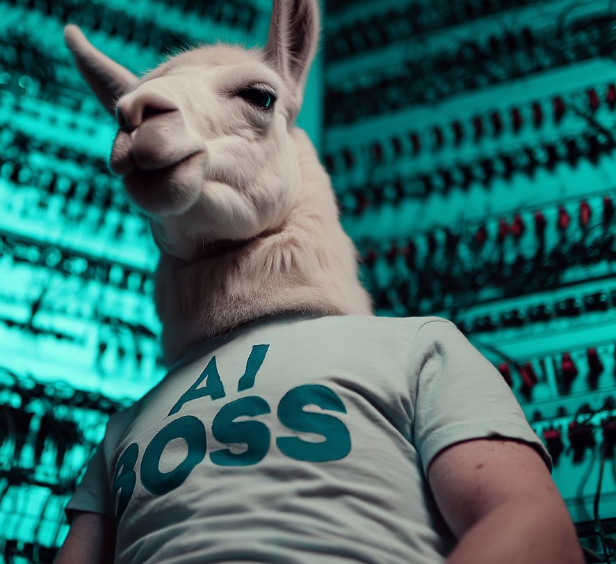 Antropomorphes Llama im T-Shirt mit der Aufschrift "AI BOSS"