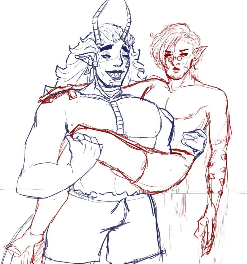 Sketch of Virus and Yev at the beach with Yev dripping wet and looking very displeased