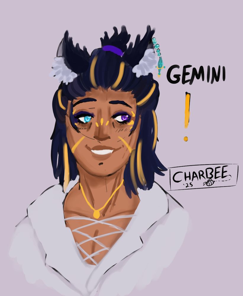 Sketch piece of Gemini, an OC from Final Fantasy 14 with purplish hair with golden streaks in his hair and markings with some of his hair held up in a ponytail. He has blue and purple eyes and a gold necklace