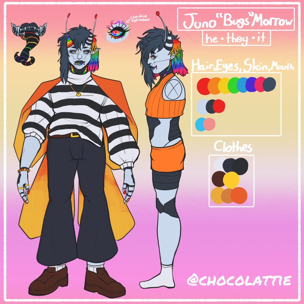 A reference for Bugs, my OC. The text reads: Juno "Bugs" Morrow. he/they/it. Below that is the color palette for their hair, eyes, skin, and mouth. Below that is the color palette for their clothes.  Next to the eye, it reads "likes doing eye makeup"

He's standing in a front face posed with one rainbow horn, another black and white. He has black hair on one side and on the other and back of his head is rainbow. He wears a black and white striped shirt with a golden heart necklace, an orange to yellow gradient light jacket/cover, dark slacks that flare at the bottom with a brown belt and gold buckle. He also has two gold rings on his fingers, rainbow colored nails and a beaded bracelet. He is wearing white socks and brown platform loafers. Next to him is a picture of his mouth with two tongues, very android-like with rainbow coloring in between the parts. 