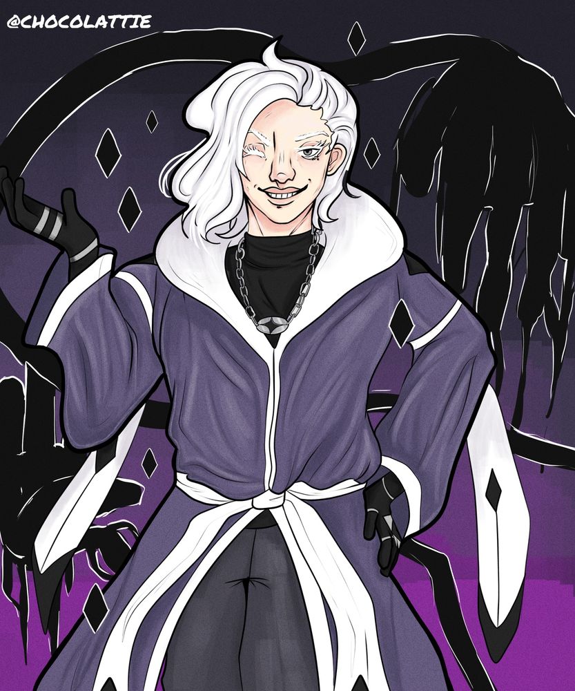 @raerae2344.bsky.social's OC Dolores posed with two shadow hands in the background with a grin on his lips and posed with one hand up and another on the hip. The background is a gradient of purple. He is dressed a blue robe with white trimmings and a tie-like white belt and wearing grey pants, a black shirt underneath and a silver necklace chain. 