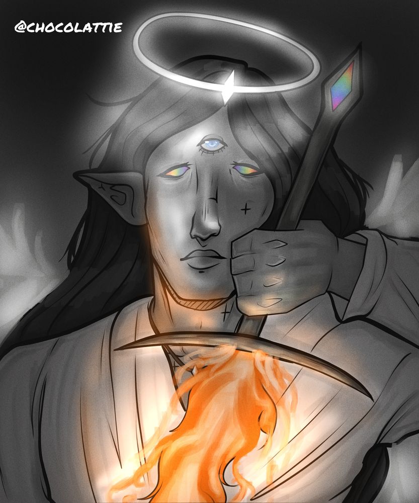 Baloroth3139's on ArtFight of their OC Ryel holding a glowing, fire sword while looking toward the viewer, dressed in a white robe and a glowing halo; they have one blue eye open and false rainbow eyes 