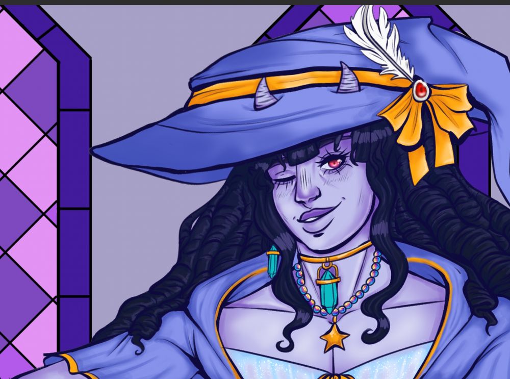 WIP of OC Bellamy with color and shading with some jewlery on, hat, sheer undershirt on with a purple coat on top 