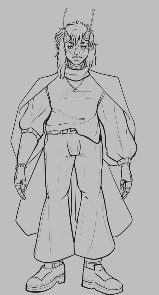 WIP lineart of Bugs, an OC dressed in a collared sweater, dressed slacks that flare at the bottom, leather shoes, some rings and a bracelet, necklace and a light jacket