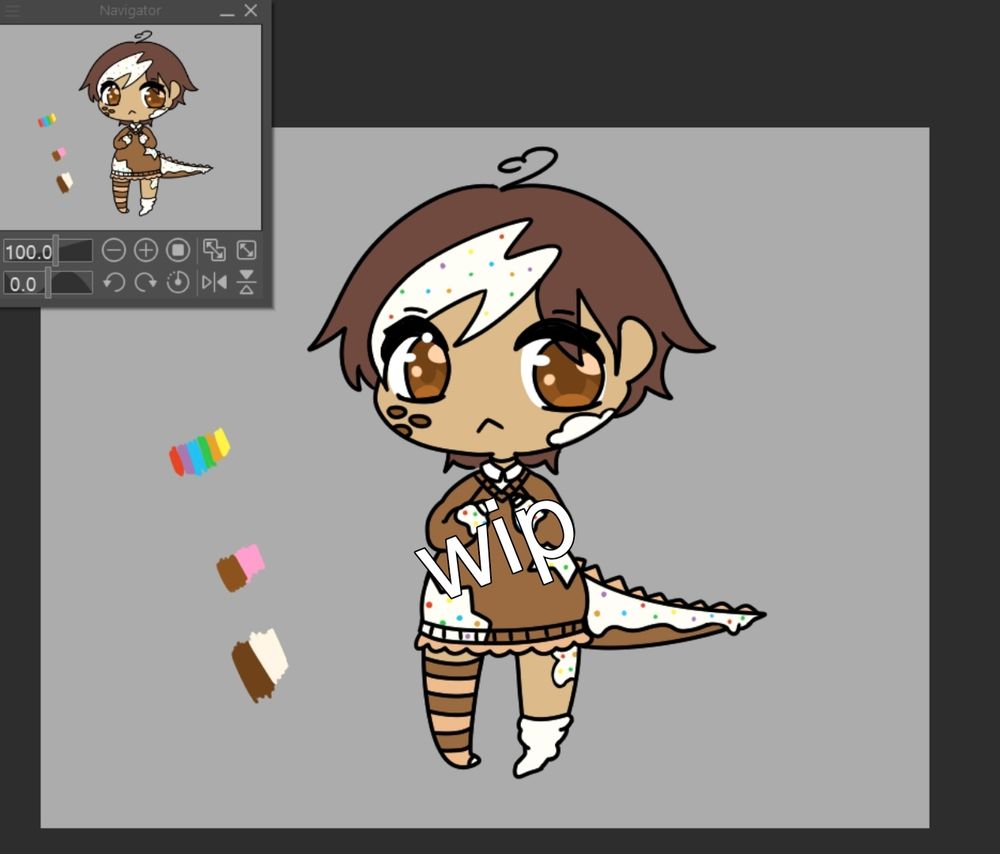 Chibi anime art of a chocolate Circus animal themed dinosaur girl with a brown and white color pallette, short hair (I'm sorry I'm bad at these :( I'm learning)