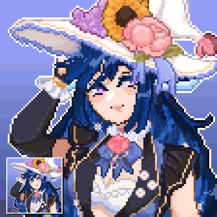 pixel style portrait of a girl with blue hair and a big witch hat with flower decal