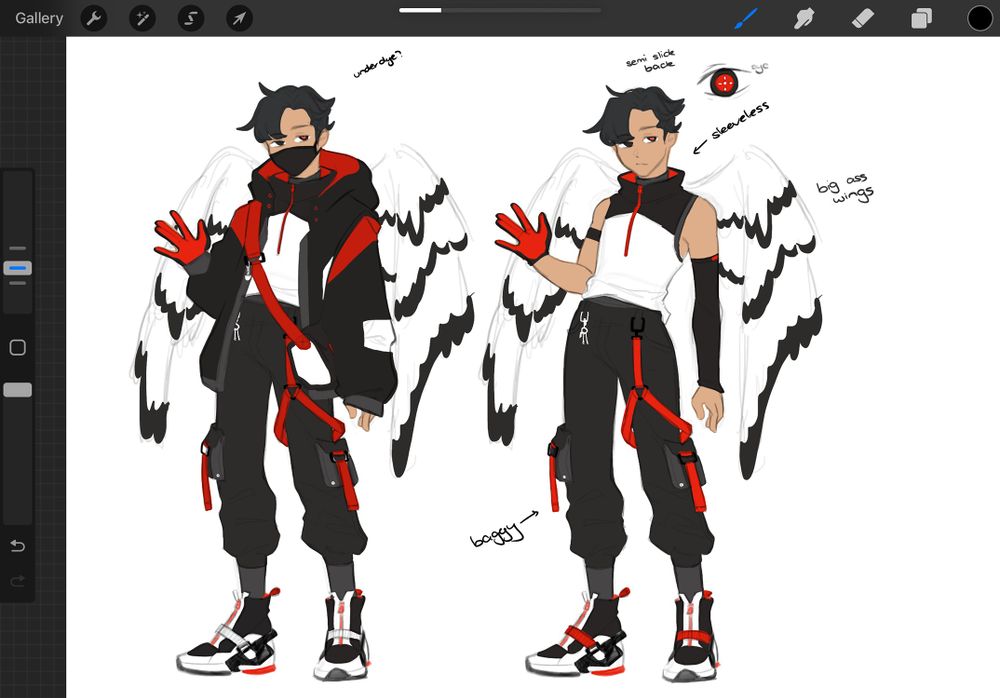 a guy with owl wings and a tech-wear inspired outfit mostly in reds, whites and blacks
