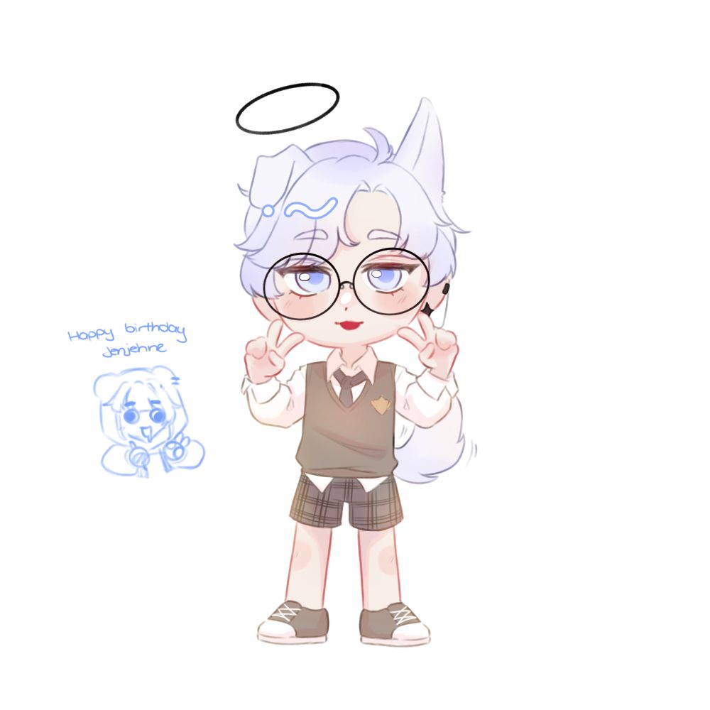 A chibi drawing of my friend’s Lost Ark character - he has short white hair and is wearing a primarily brown and beige school uniform style outfit with brown sneakers