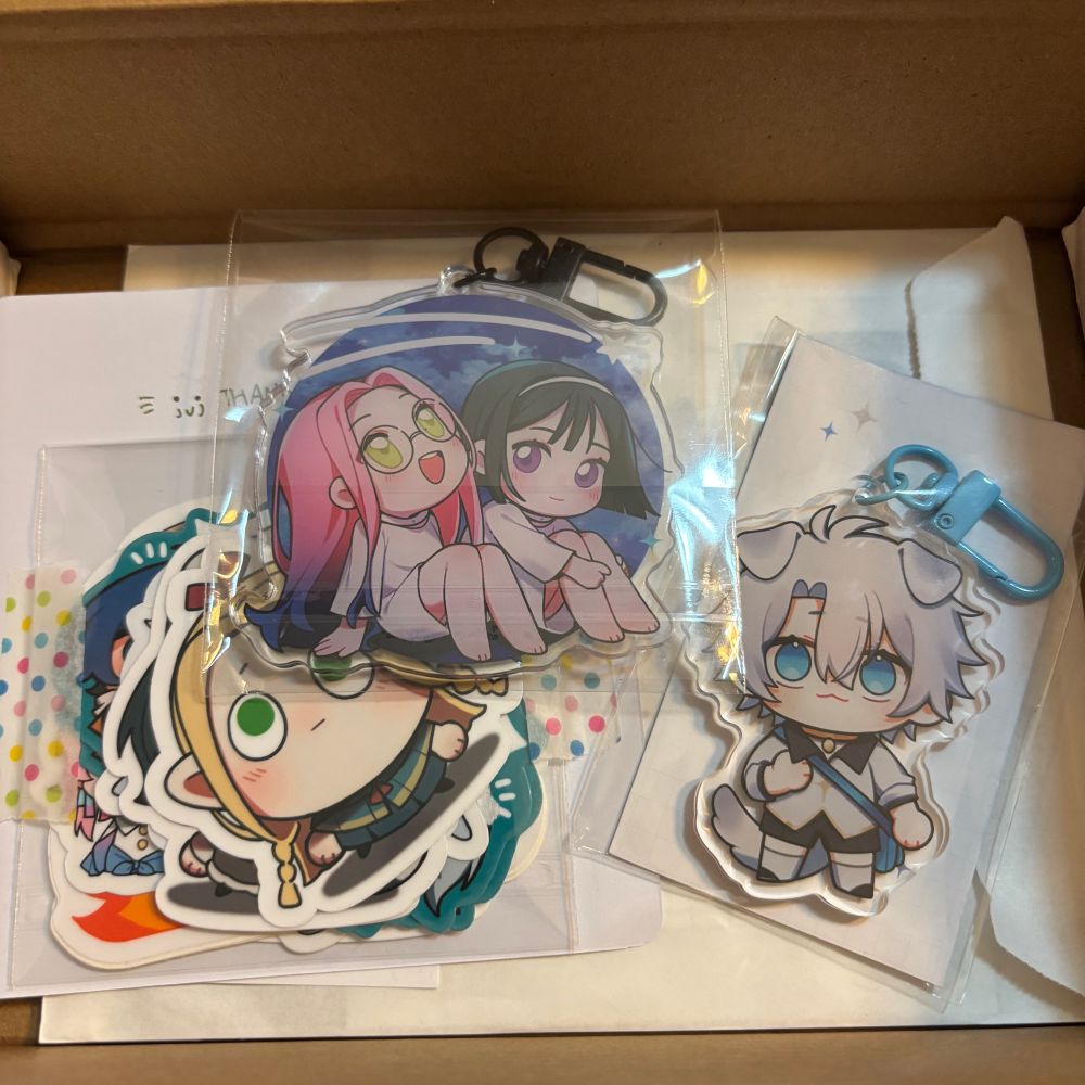 Picture of a package containing stickers and charms of various fandoms - made by Myrhrie