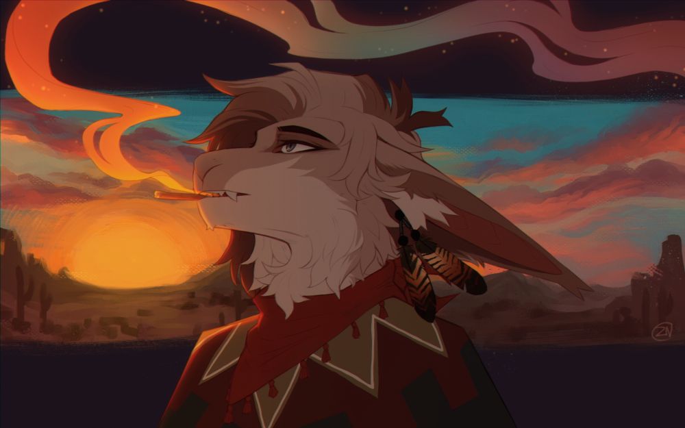 Drawing of my vernid character Rustyn. He's having a moment to himself to think and relax. The sunset is such a calming time.