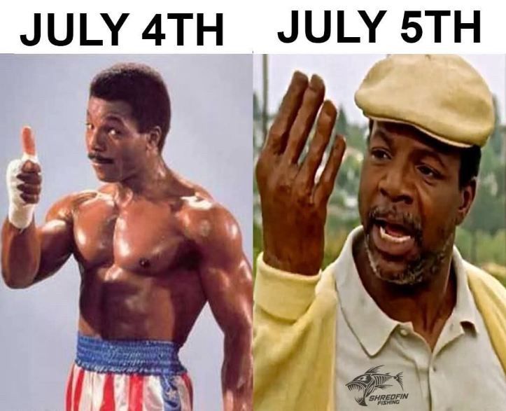 An image depicting Carl Weathers on July 4th as a whole, followed by Carl Weathers on July 5th with one less hand. 