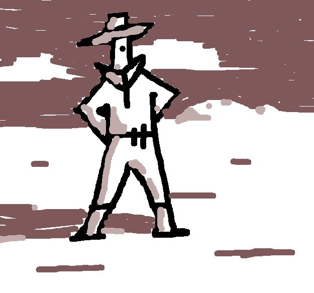 une illustration numérique en noir, blanc et brun-bordeau. Une figure aux allures de cowboy grossierement dessinée debout les mains sur les hanches, avec une ligne d'horizon et des nuages derrière
