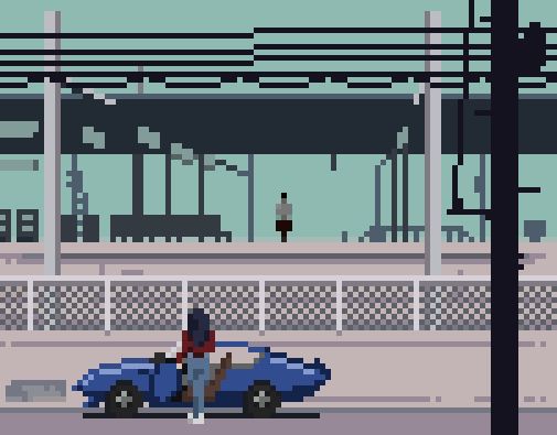 pixel art recreation of the evangelion scene from the original post: Misato in front of her car looking at Shinji in the station