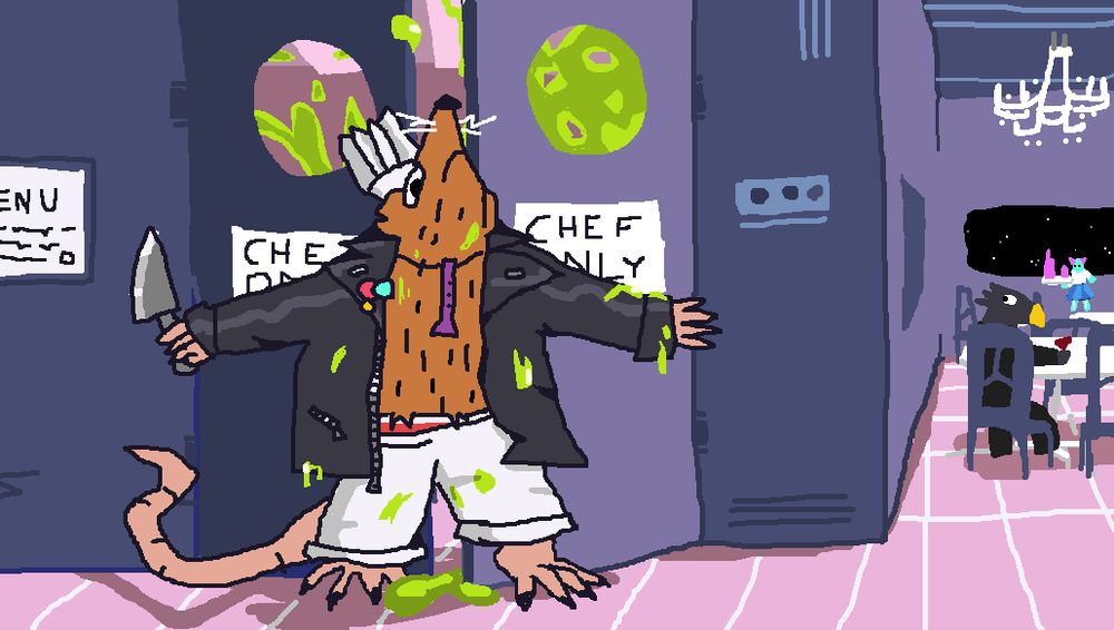 an illustration with minimal shading of a humanoid brown/red rat in a leather jacket and white shorts, wearing a chef hat and carying a cooking knife. he stands in front of barely closed kitchen doors with 'chef only' written on them. Through the windows and the gaps it's visible that the kitchen is covered in a green goo. the rat chef is also covered with splaters of this goo. On the right side, in the background, two characters are seated at a table and looking back toward the kitchen
