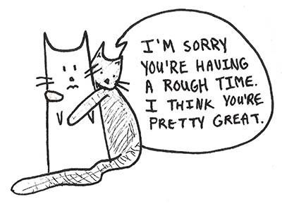 Cartoon of a cat hugging another cat and saying 