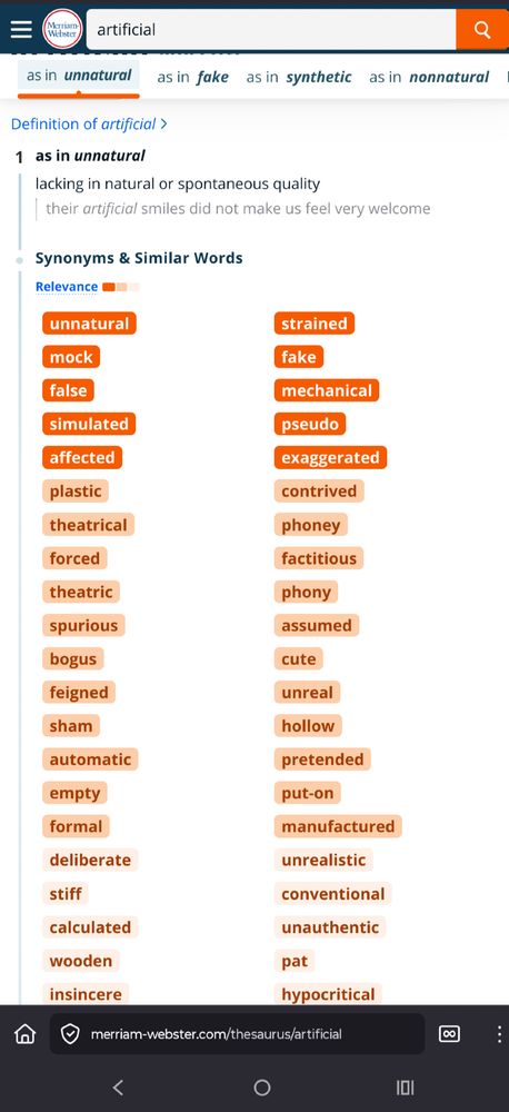 result for https://www.merriam-webster.com/thesaurus/artificial