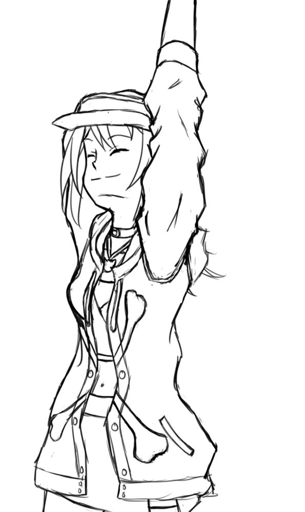 Sketch of Eri stretching while wearing Beat’s jacket