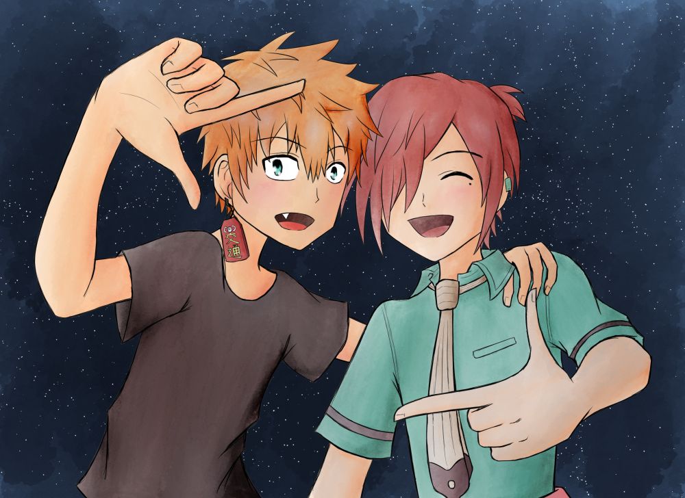 Kou and Mitsuba (Toilet-Bound Hanako-kun) both smiling as they hold their fingers like they're measuring out a picture.