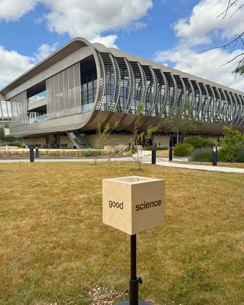 the just good science quest box in front of a large building