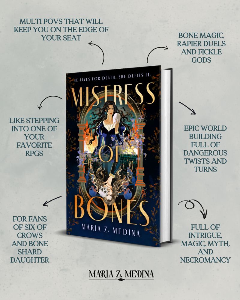A 3D mockup of MISTRESS OF BONES hardcover with arrows pointing at different things you can find in the book: Multi-pov, bone magic, rapier duels, fickle gods, epic worldbuilding, twists, intrigue, necromancy