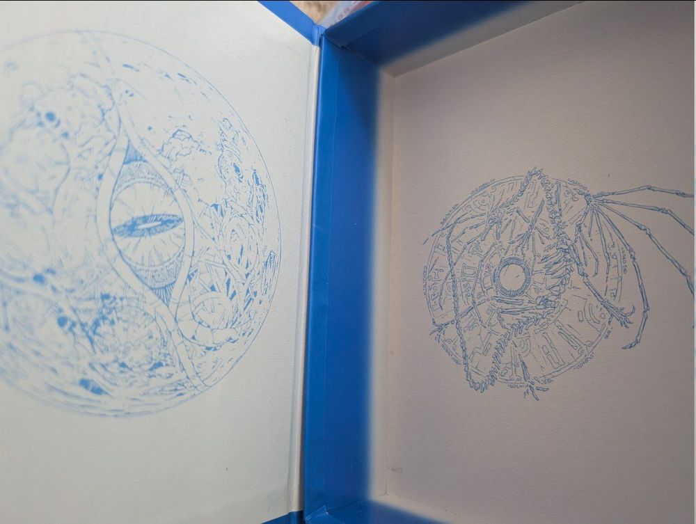 The inside of the box shows the blue line-art symbolic illustrations on each side.