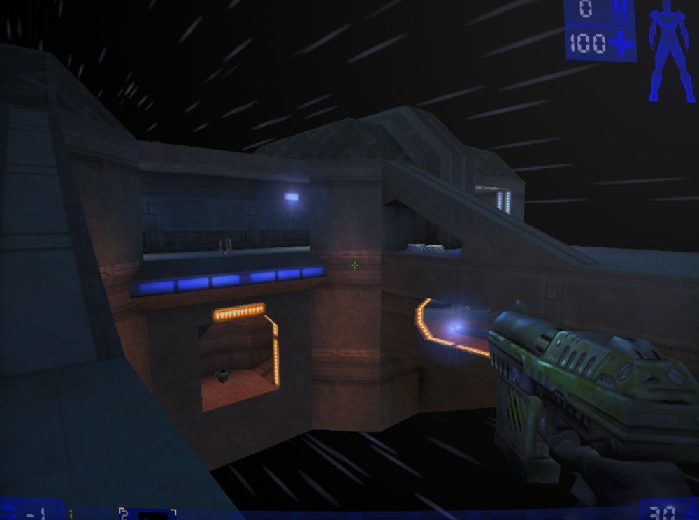 Hyperblast! One of my favourite maps, with its stonework-like spacecraft travelling through hyperspace design with starlines blurring by.