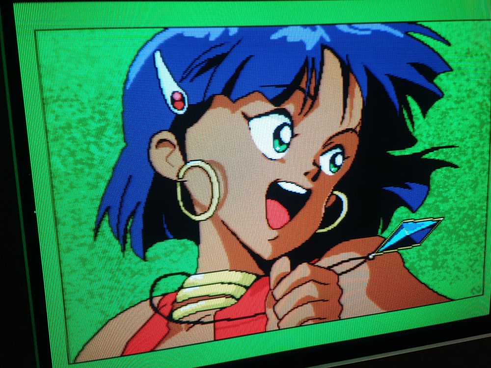 A crt TV screenie of a pixel art headshot drawing of Nadia of Blue Water
