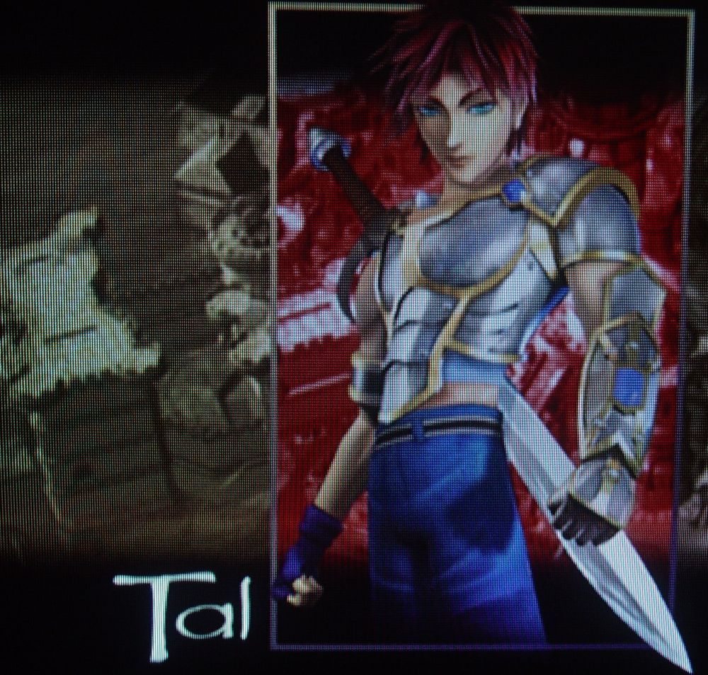 A CRT photo of a loading character render, the main protag, Tal. A red-haired twink with selectively exposing gold and silver plate cuirass and greaves you could slide a sword right through. 