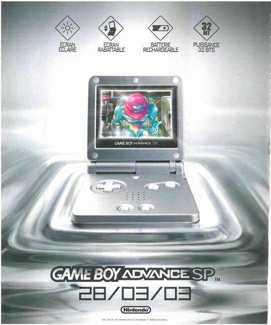 A French release date ad for Game Boy Advance SP with a photo of one on a silvery platter with various features such as a rechargeable battery and the frontlighting highlighted. 28/03/03