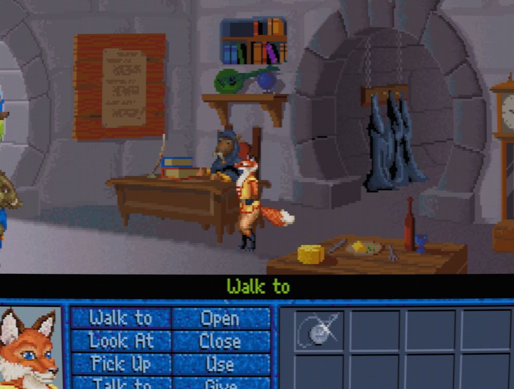 A stone room with a moustached rat sat behind a desk, shelves and books, a grandfather clock, and plates of food and cheese.