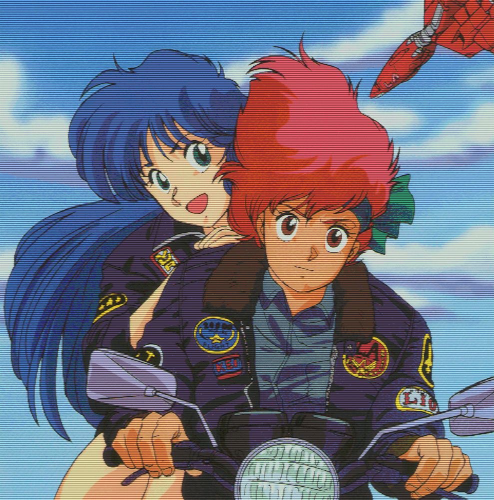 An Amiga AGA image of a digitization of a Dirty Pair hollywood movies calendar from 1990, with Kei and Yuri on a motorcycle together, Top Gun style.