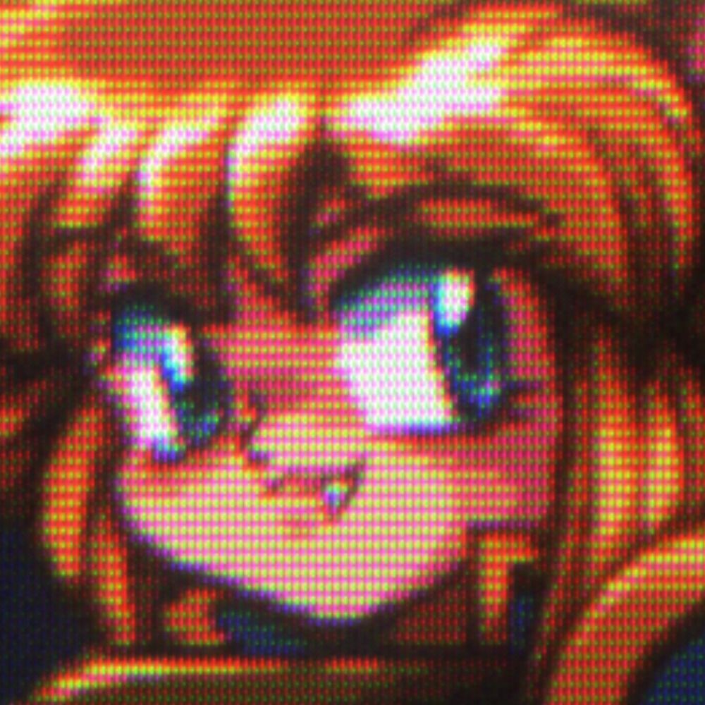 My former Bsky avatar, a close-in snap of Leeza from Crime Crackers, nan orange-brown haired fox girl.with a peeking fang and big ol' anime eyes