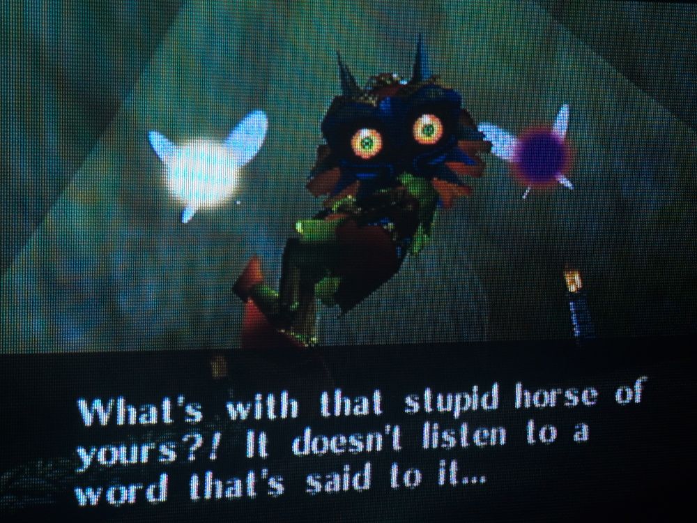 "what's with that stupid horse of yours?!it doesn't listen to a word that's said to it." Says a lounging skull kid in a cutscene screenie from the GC version of Majora's Mask.