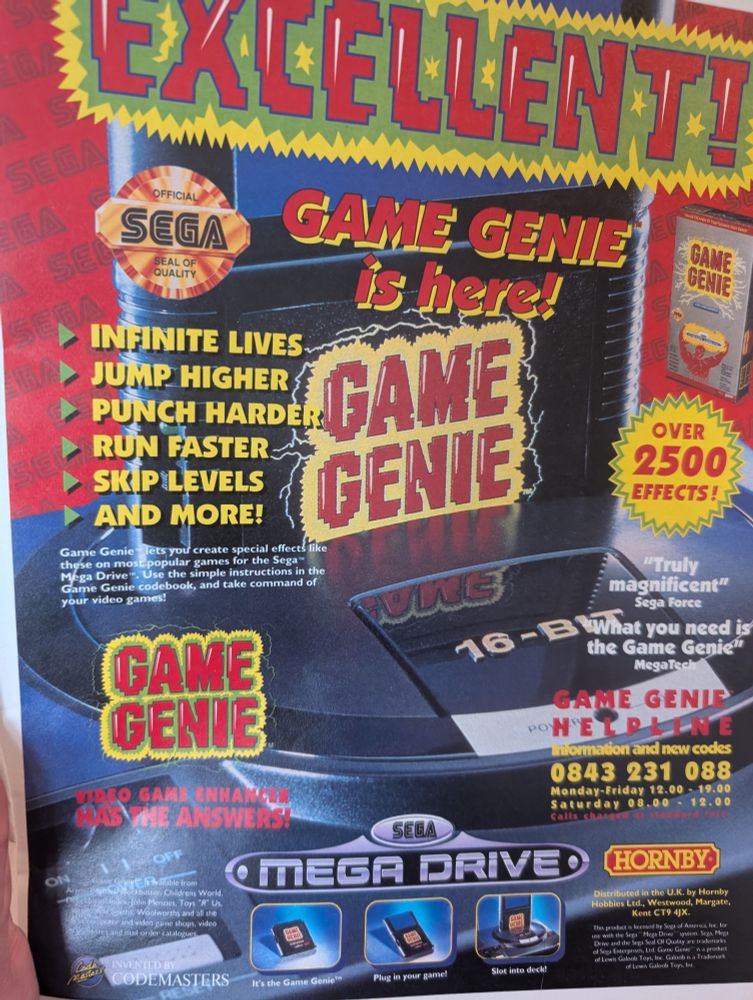 Excellent! Game Genie is here! A UK ad for Game Genie cheat cartridge, this one the Mega Drive version.