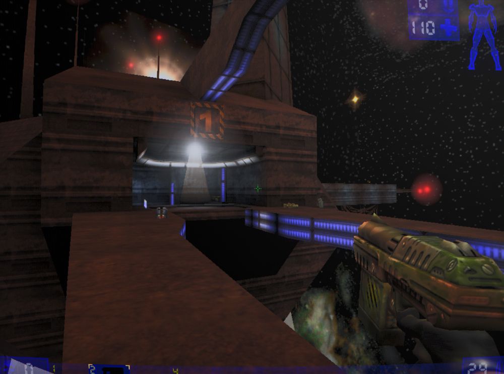 A gameplay snap of a blocky installation beneath a starscape with twin glowy walkways with an overhead rail leading to it.