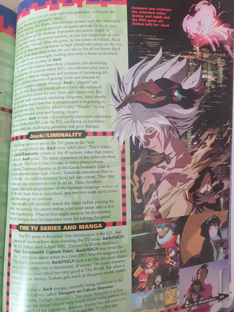 The right page discussing the anime series and manga, with character illustrations and stills to the right. 