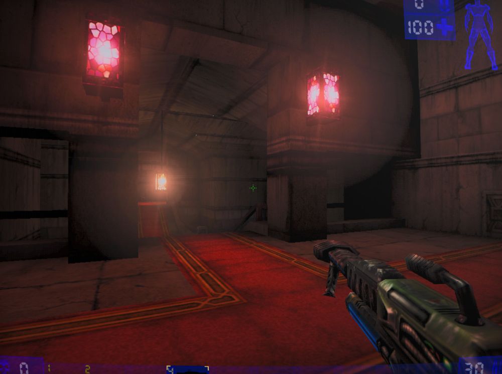 The glowy red lamps and scarlet carpet of the stonework Gothic map.