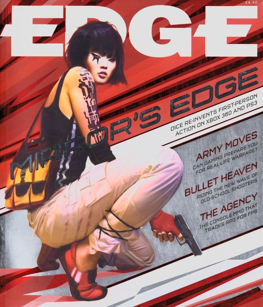 A hella cool EDGE cover with Faith from Mirror's Edge crouched, pistol drawn, with red and white painted lines and stripes slashing the cover at a diagonal angle.