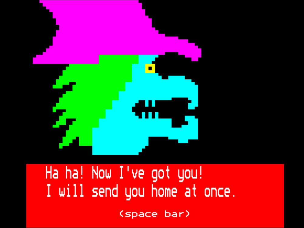 "Ha ha! Now I've got you!
I will send you home at once."

Notably, the I will send you home at once takes a fair few seconds to appear after the witch has animated to discordant music and terrified any number of five and six year olds
