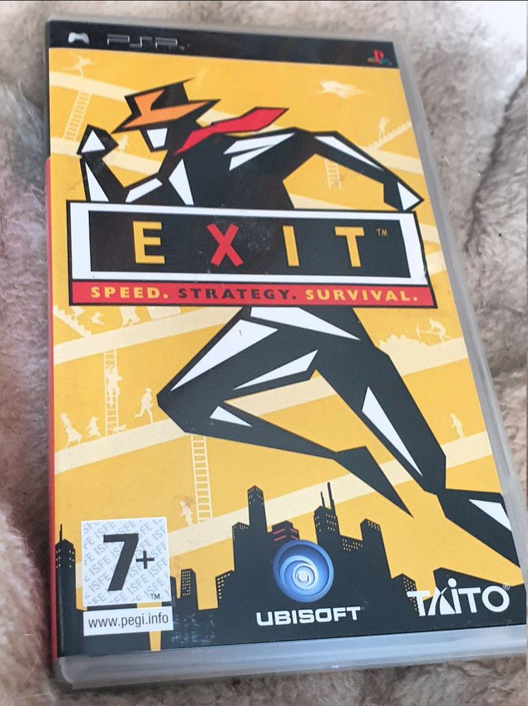 A photo of the case for Exit with a stylised silhouette figure mid-run against an abstract, artsy yellow background and skyline.