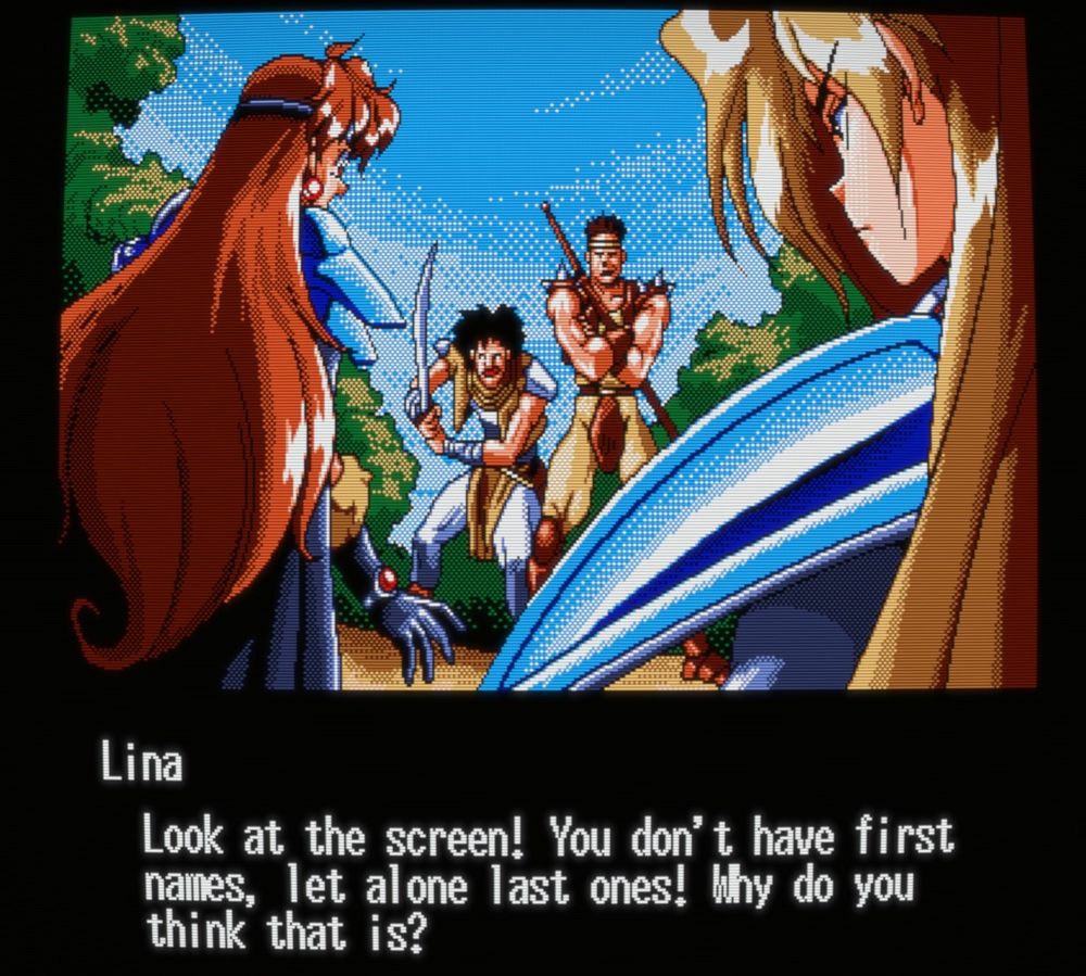 A pixel art scene of Lina and Gourry facing off against a pair of unfortunate bandits. 

"Look at the screen! You don't have first names, let alone last ones! Why do you think that is?"