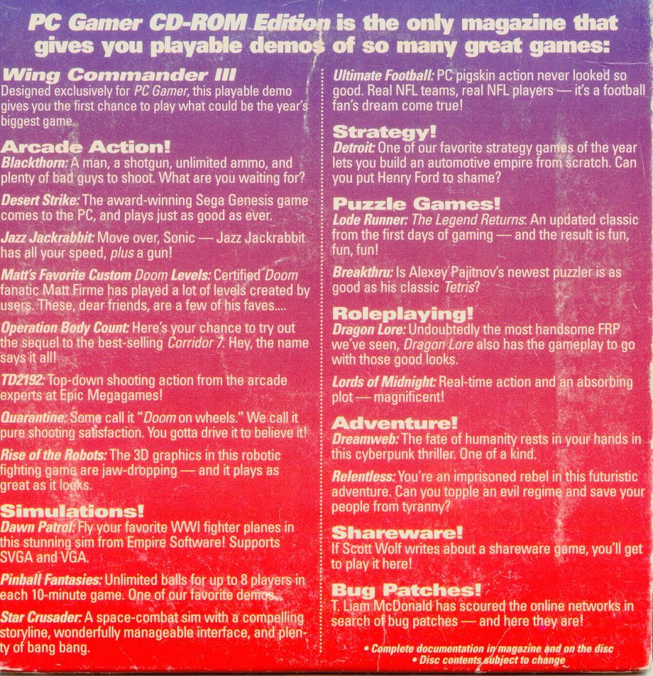 The back of the sleeve shows the contents from WCIII to Arade Action, Simulations, Roleplaying, and Bug Patches. 