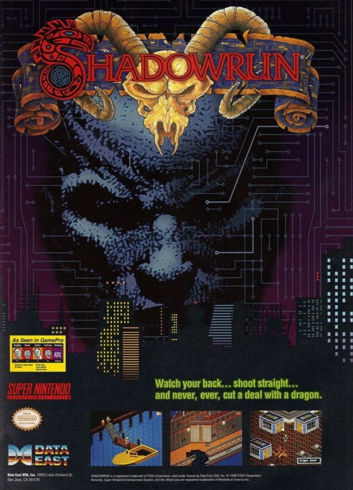 A magazine ad for Shadowrun on Super Nintendo, with a digitized bald head in silhouette looming over a night city skyline and game screenies. 