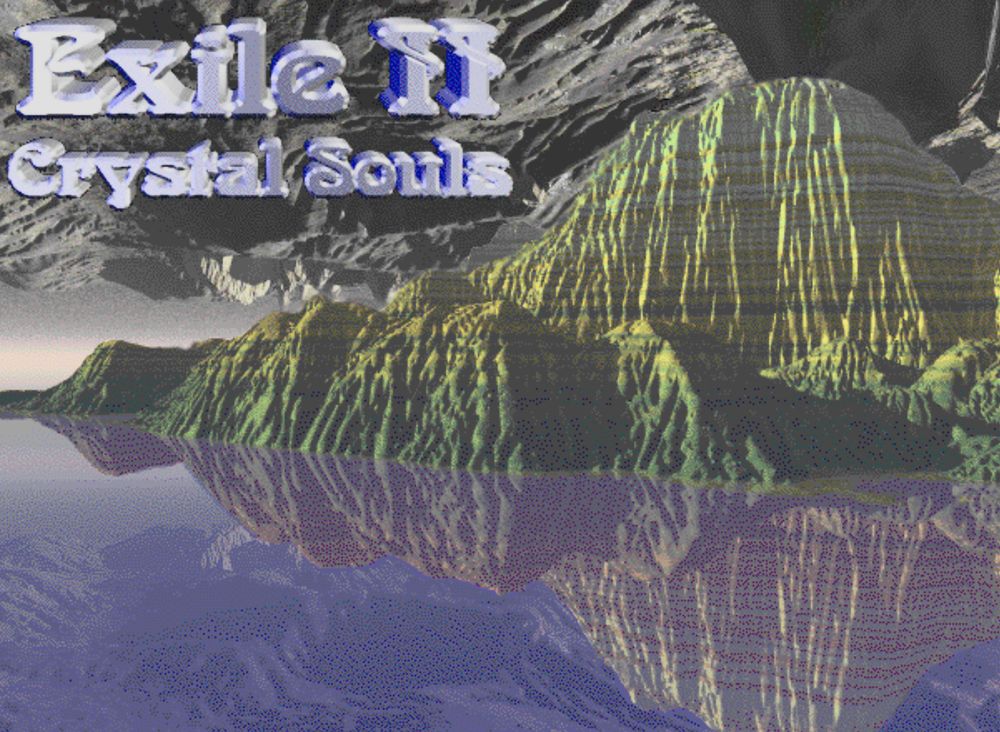 My favourite of the two images, a molten-looking rocky hill reflected in a pool of water, all with that particular early CGI look that manages to transcend into being an art piece rather than janky