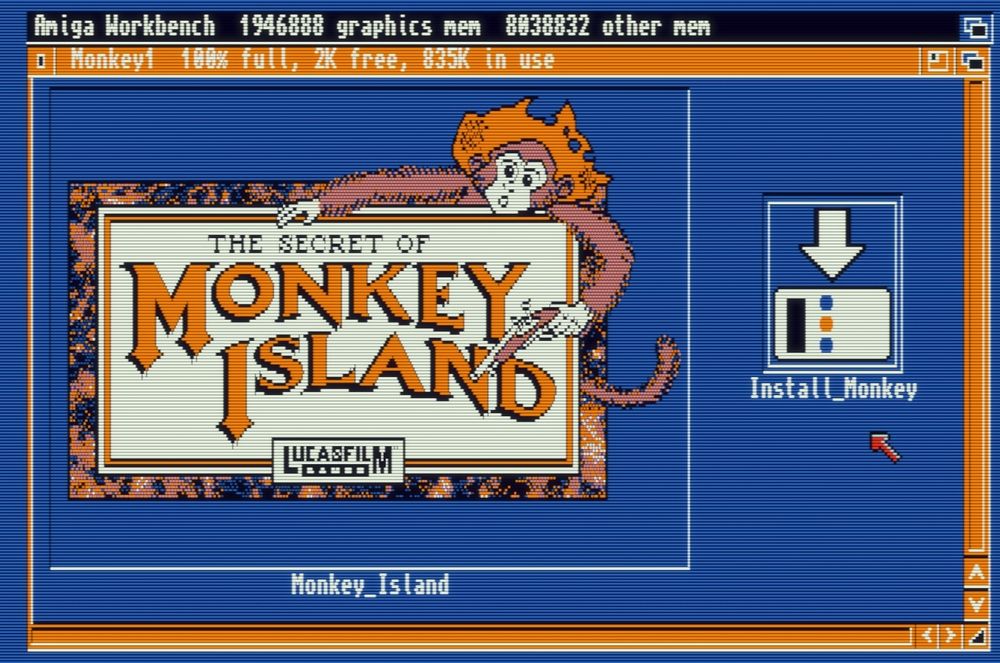 On a blue Workbench 1.3 background, an orange, white, and brown icon with a straw hat wearing cheeky monkey leaning over a banner with the game's name on it and wielding a flint lock pistol.