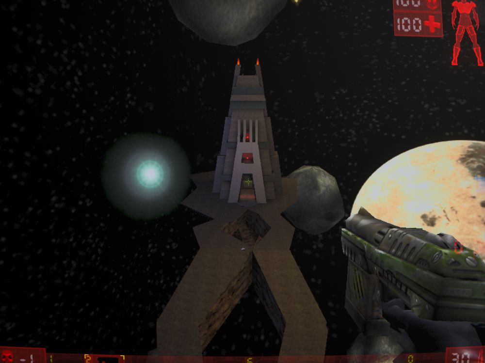 Facing Worlds for this orbital map, with a blocky stone twine angled walkway and tower against a starscape and dusty-looking planet.