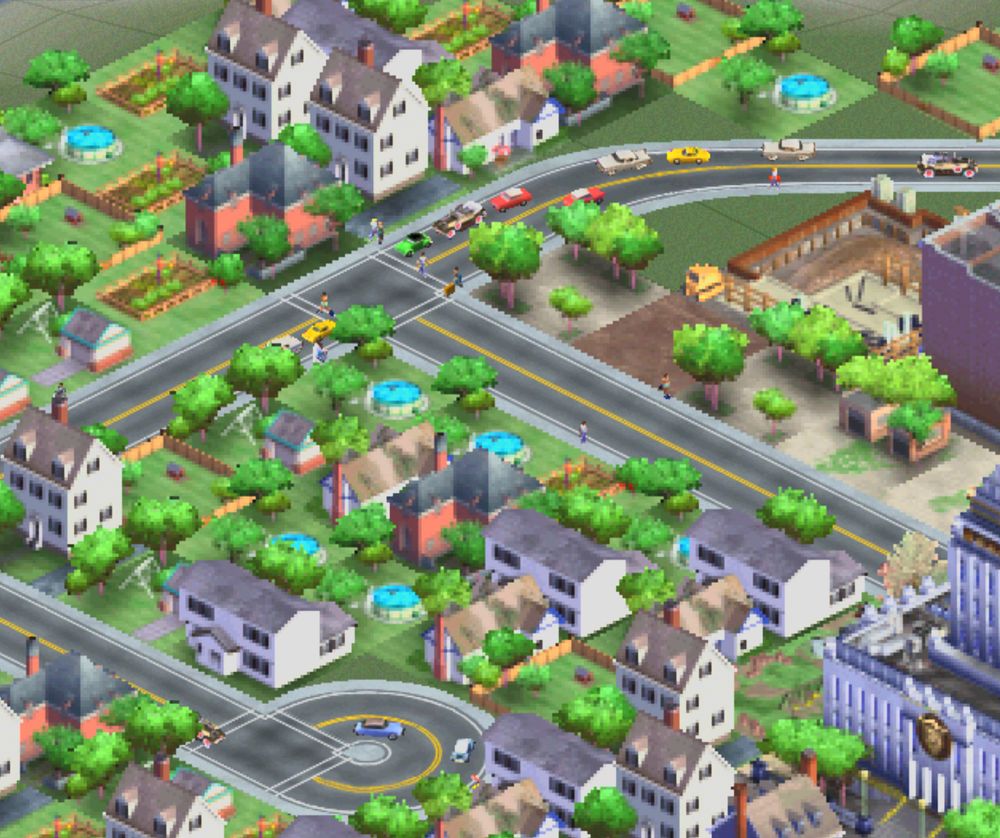 A close-up shot of SC3000's isometric city streets with a construction yard, police station, and small suburban houses and gardens in view. All in a painterly style.